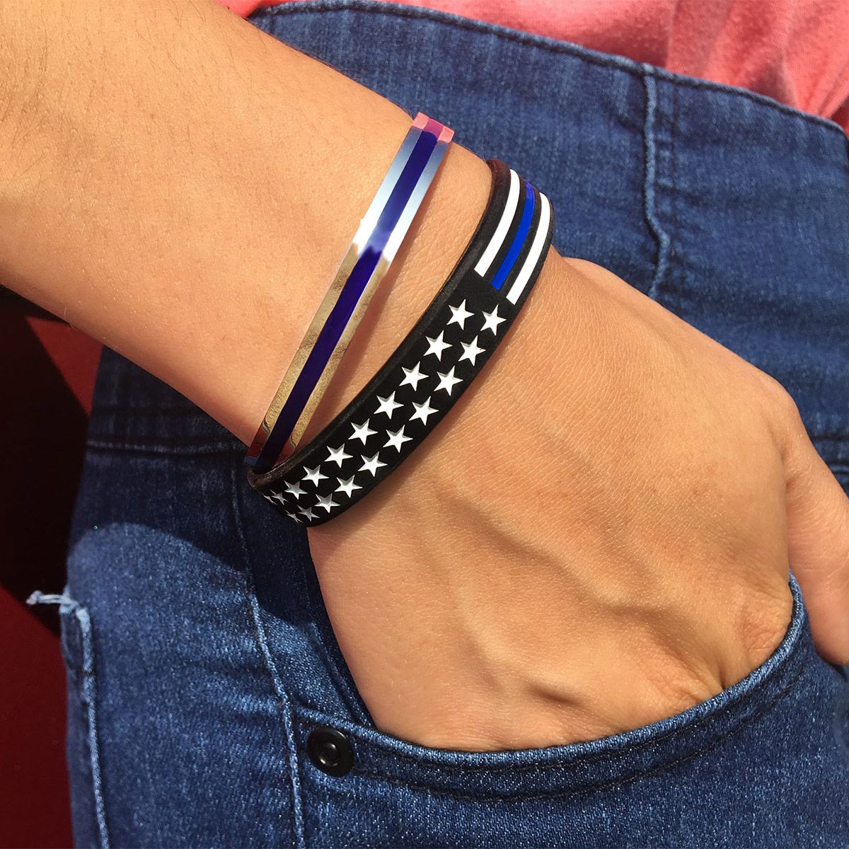 Brazalete de línea azul delgada o línea roja delgada para mujer